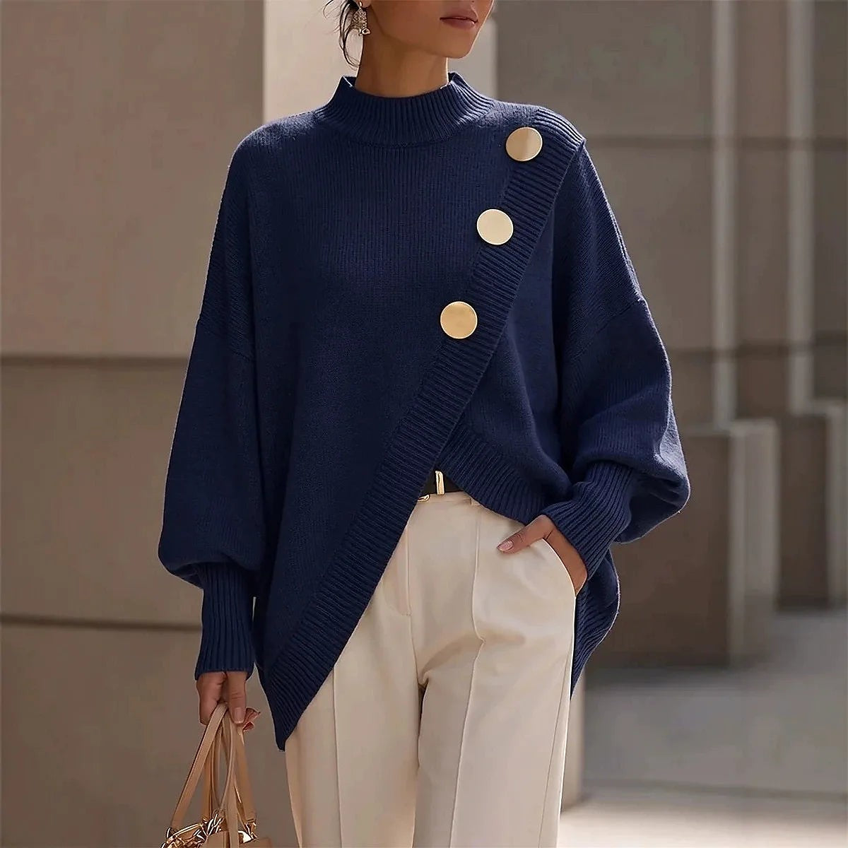 Women's Mock Neck Button Shoulder Jumper