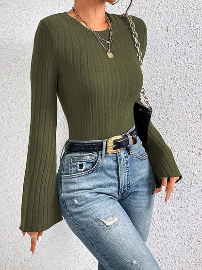 Women's Easy Wear Flare Sleeve Ribbed Top