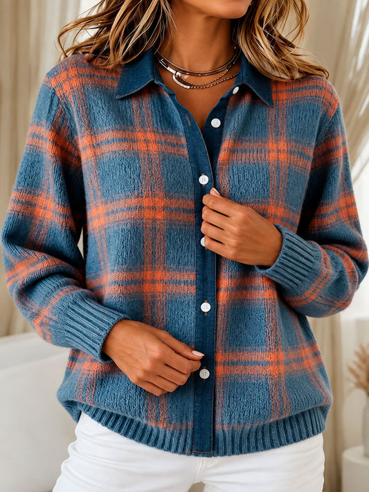 Women's Checked Cardigan with Shirt Collar and Reinforced Seams