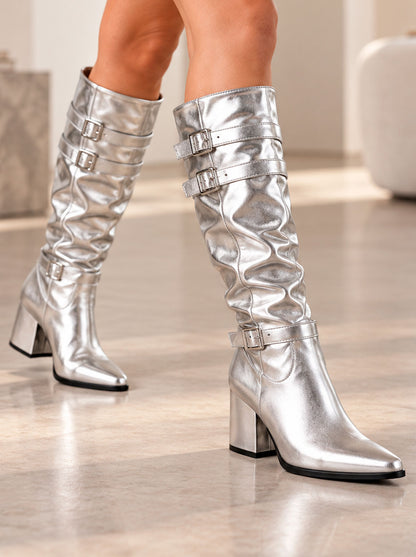 Women's Metallic Slouch Buckle Knee High Boots