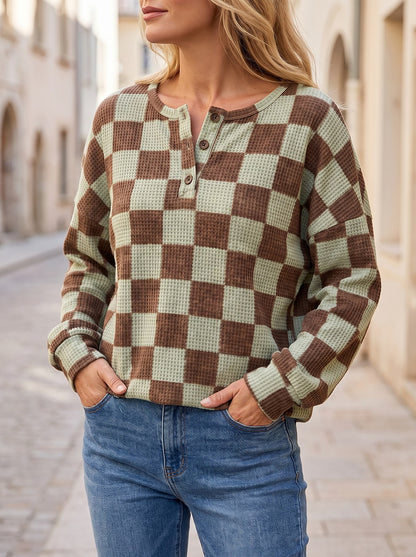 Women's Checked Waffle Button Placket Top