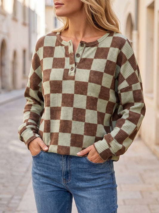 Women's Checked Waffle Button Placket Top