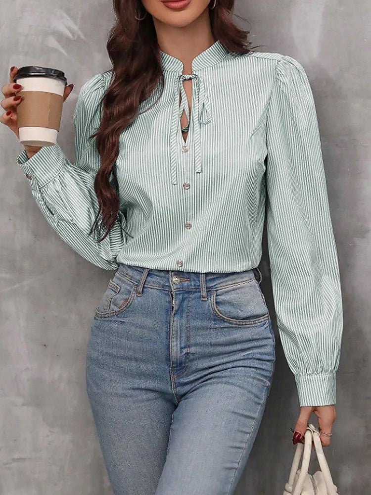 Women's Striped Tie Neck Blouse