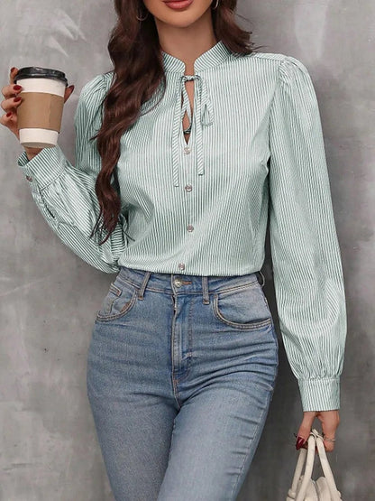 Women's Striped Tie Neck Blouse