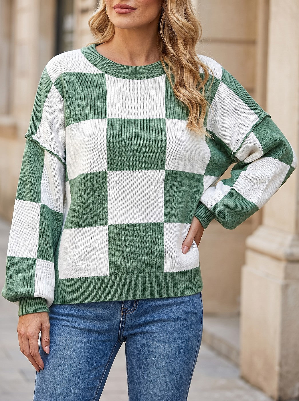 Women's Cosy Check Drop Shoulder Knit Jumper