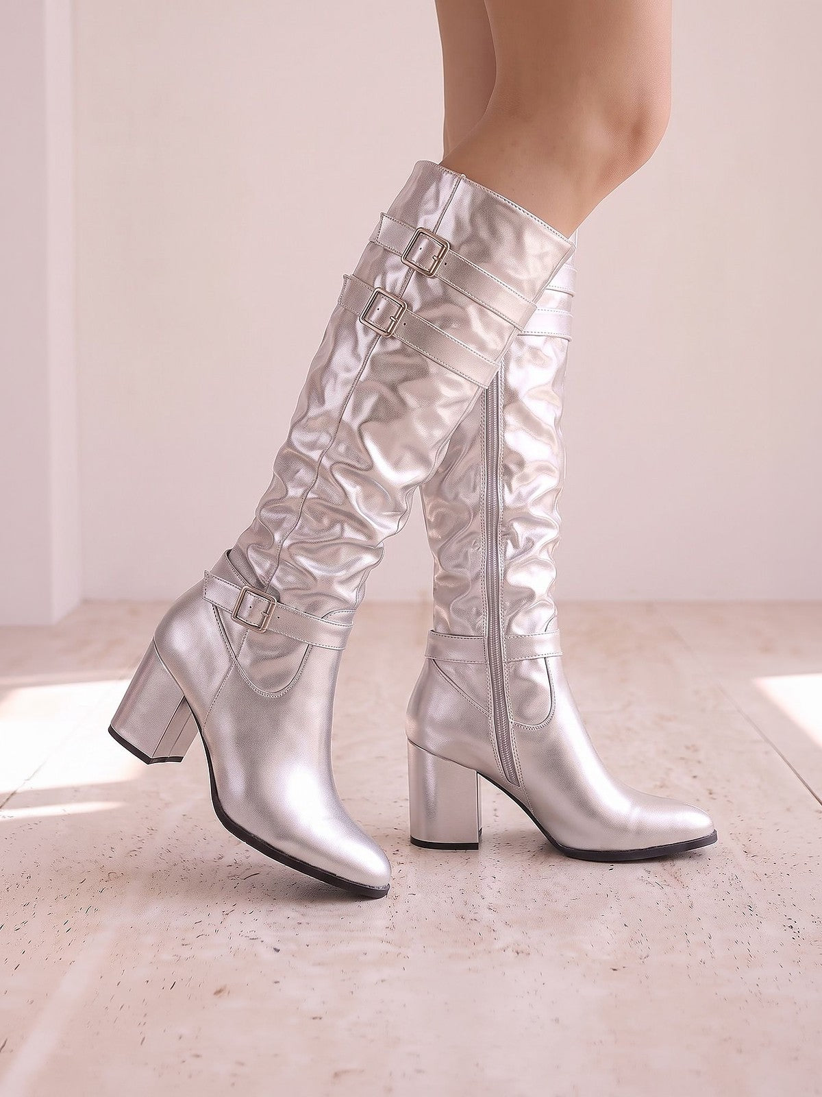 Women's Metallic Slouch Buckle Knee High Boots