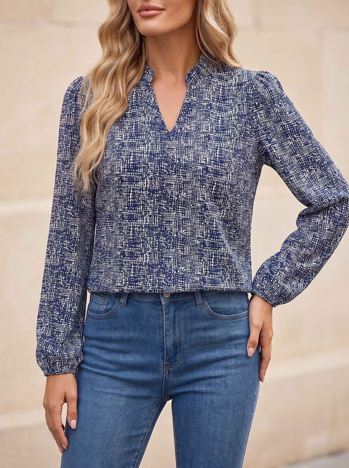 Women's Mock Neck Print Puff Top