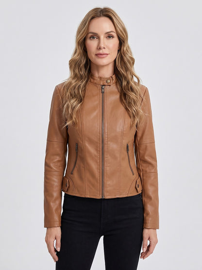 Ladies Cropped Faux Leather Biker Jacket