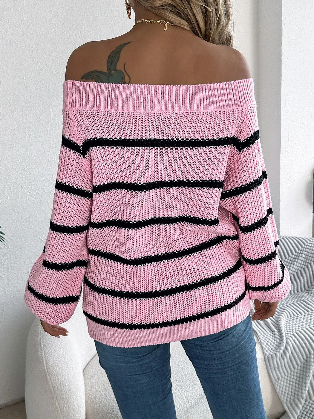 Women's Off Shoulder Stripe Knit Jumper
