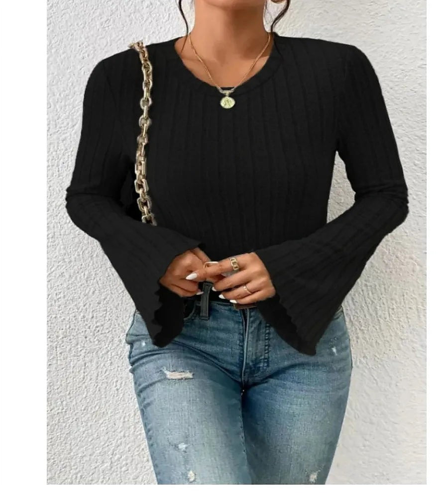 Women's Easy Wear Flare Sleeve Ribbed Top