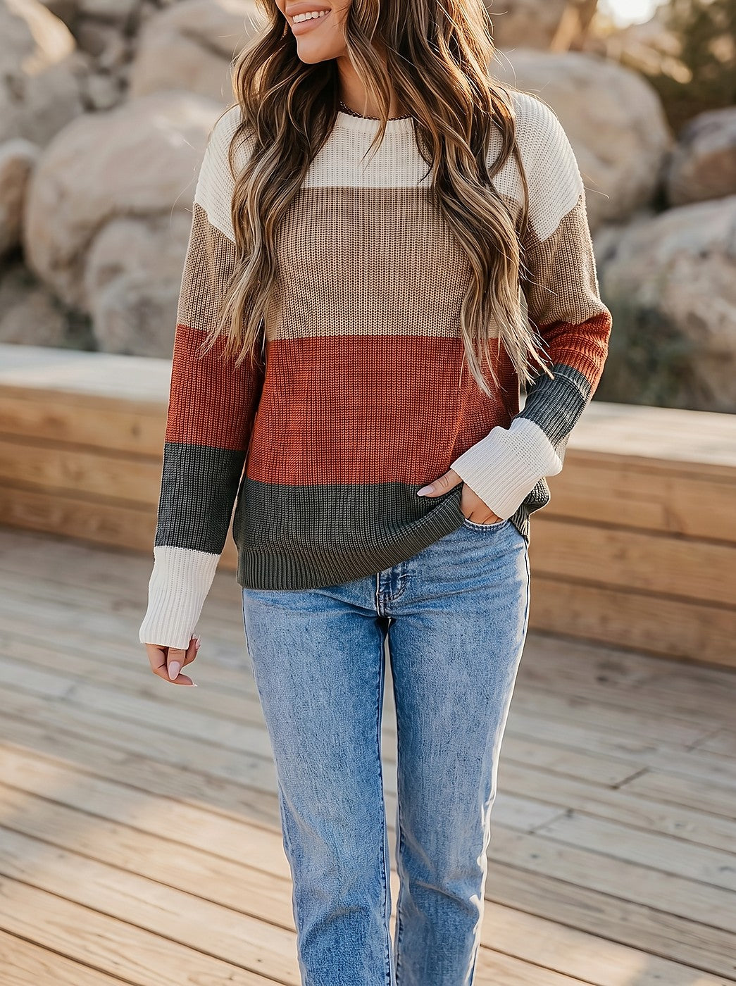 Women's Banded Stripe Round Neck Jumper