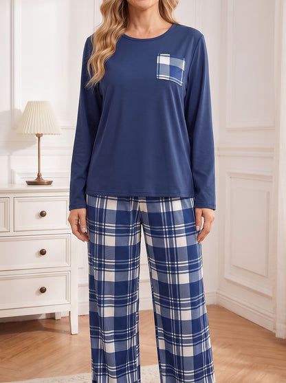 Women's Check Pyjama Set Wide Leg Trousers