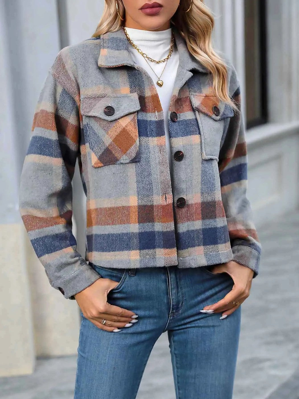 Women's Cropped Check Overshirt Jacket