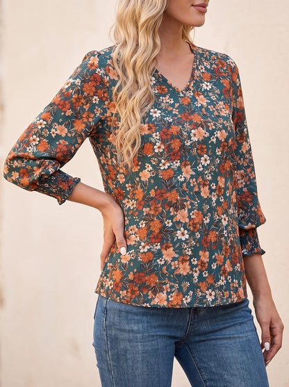Women's Ruffle 3/4 Sleeve V Neck Top