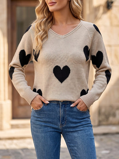 Women's Heart Motif V Neck Knit Jumper