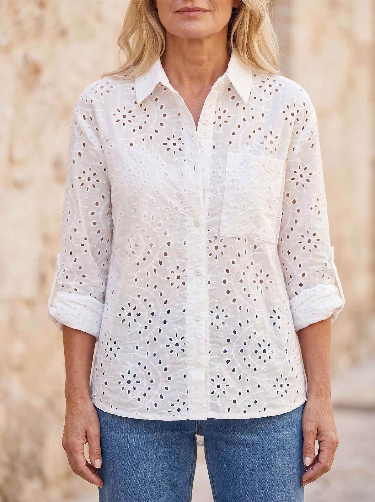 Women's Eyelet Loose Button Down Blouse