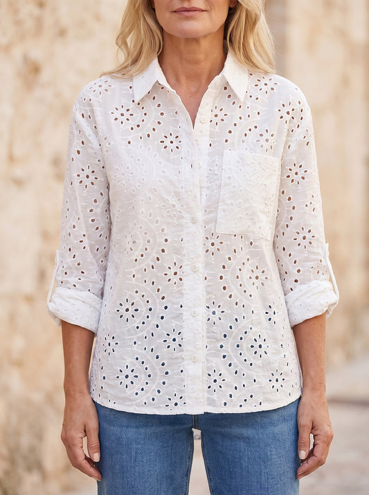 Women's Eyelet Loose Button Down Blouse