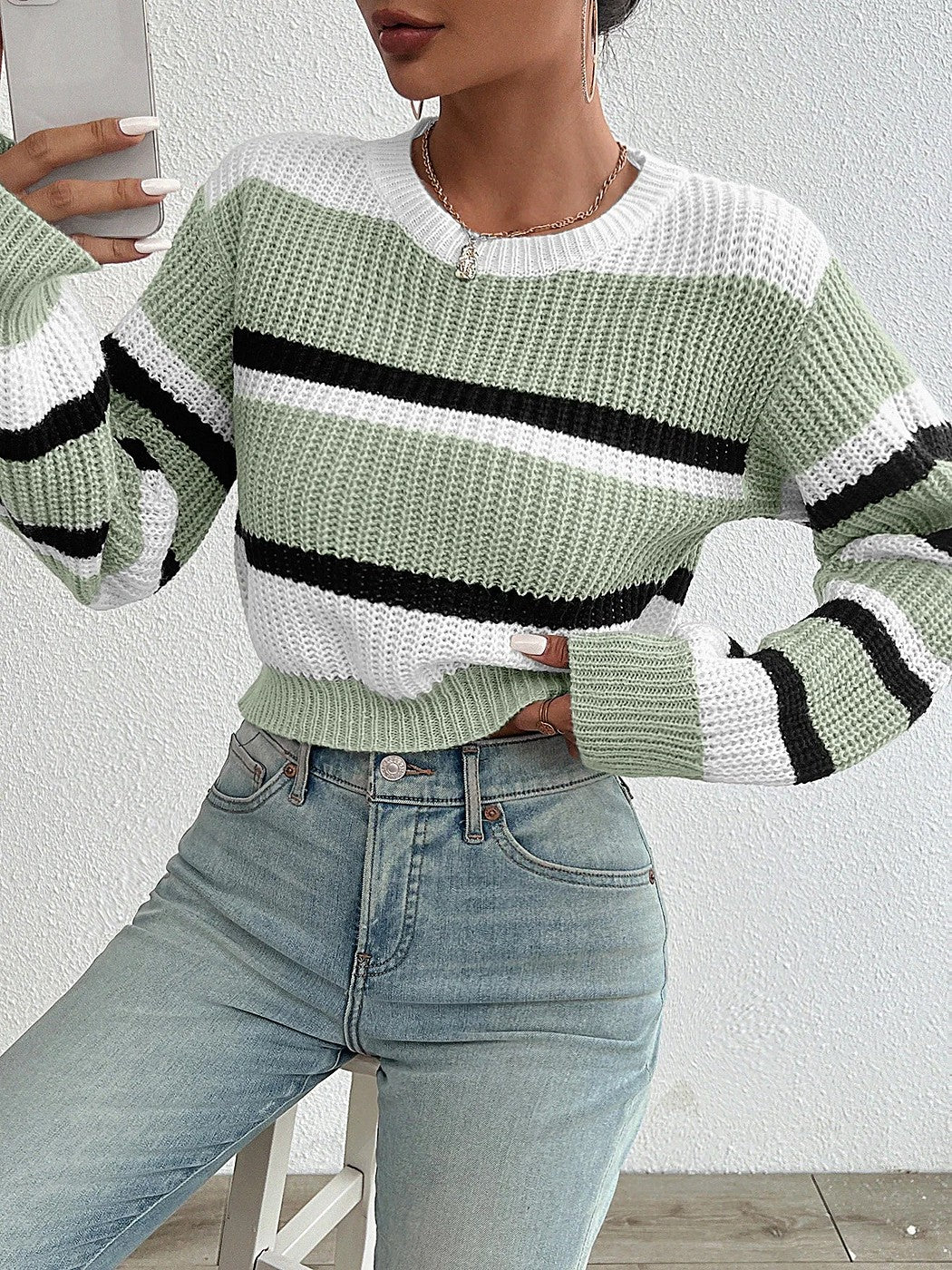 Women's Striped Balloon Sleeve Jumper