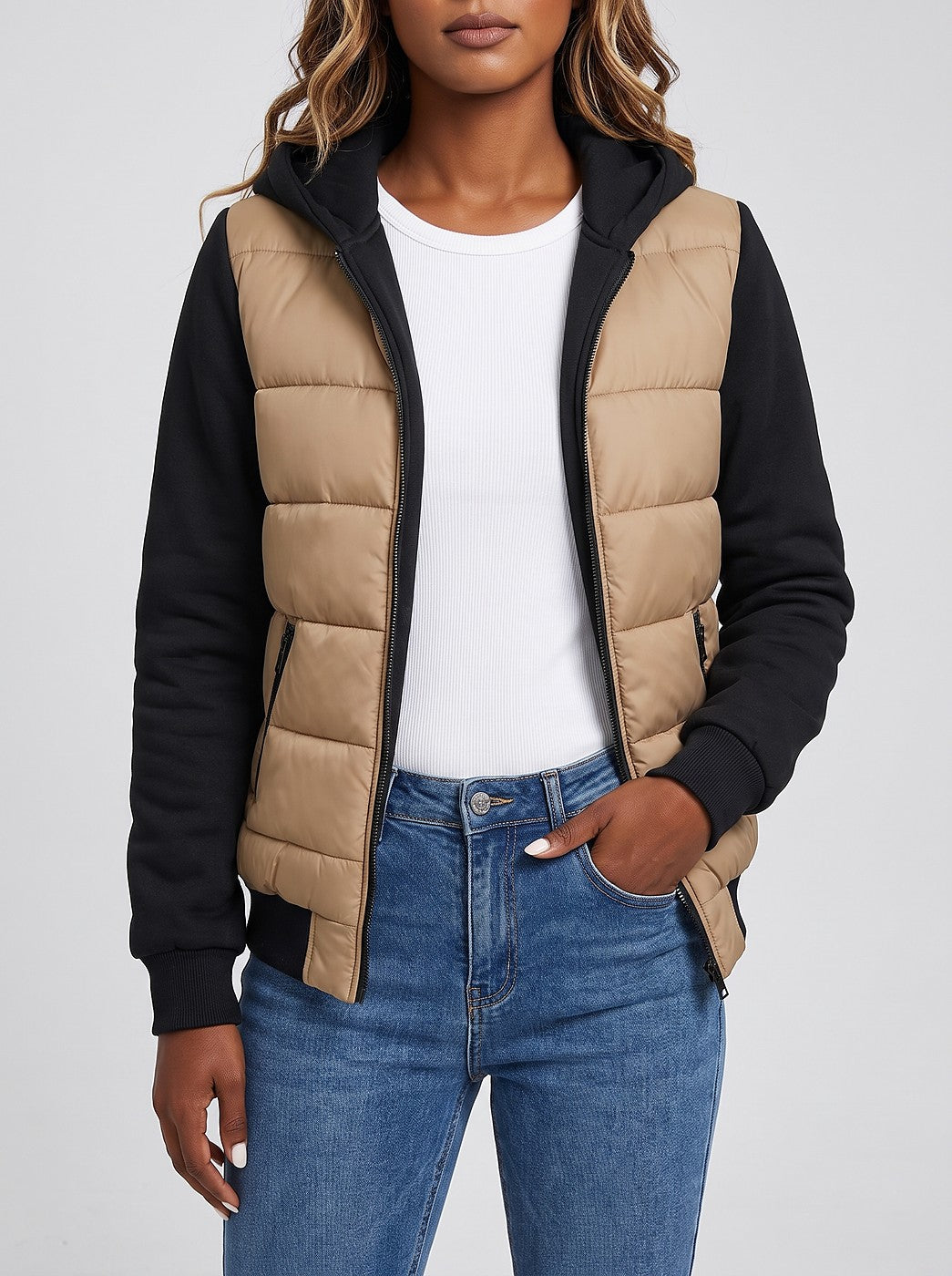 Women's Padded Hooded Jacket with Knit Sleeves