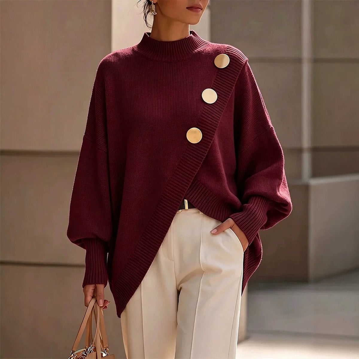 Women's Mock Neck Button Shoulder Jumper