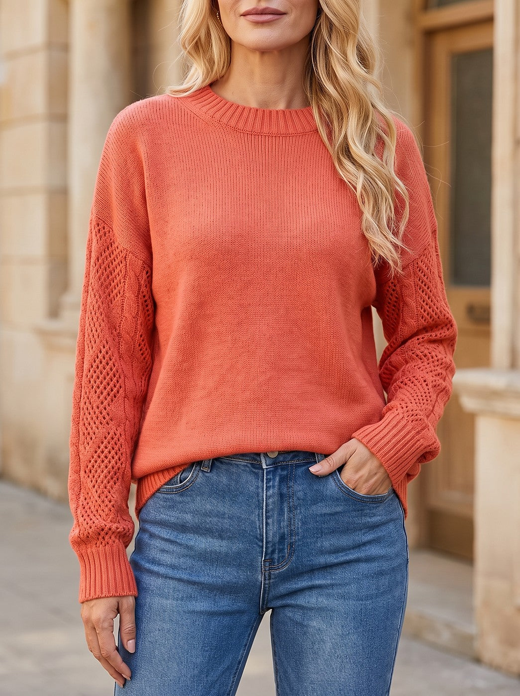 Women's Lace Sleeve Round Neck Jumper