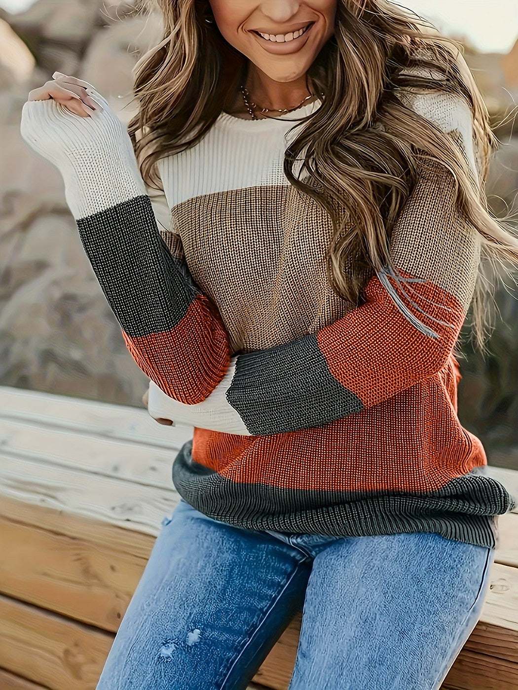 Women's Banded Stripe Round Neck Jumper