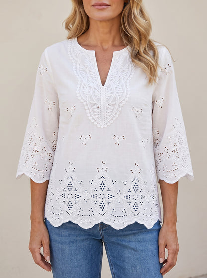 Women's Eyelet Lace Notched Neck Shirt