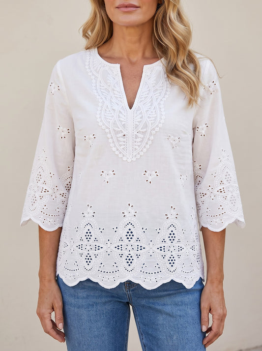 Women's Eyelet Lace Notched Neck Shirt