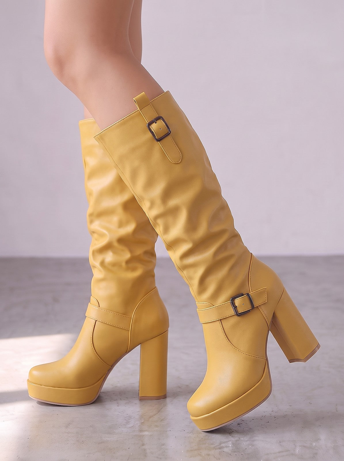 Women's Slouch Buckle Platform Mid Calf Boots
