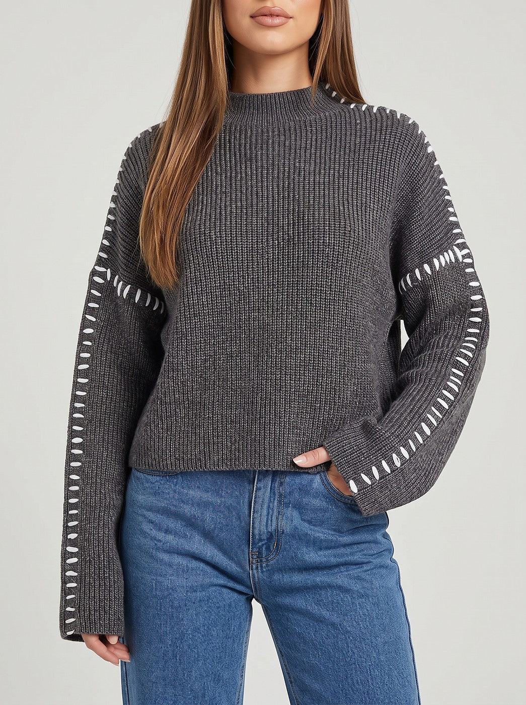 Women's Blanket Stitch Funnel Neck Jumper