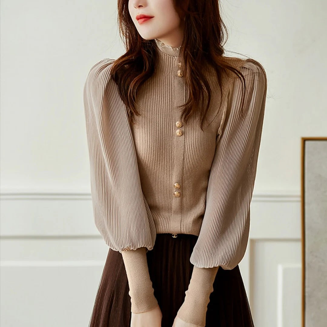 Women's High Neck Pleated Sleeve Blouse