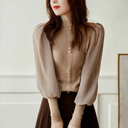 Women's High Neck Pleated Sleeve Blouse