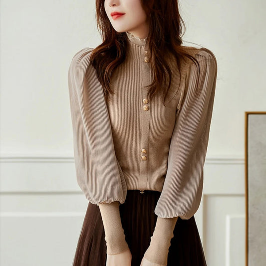 Women's High Neck Pleated Sleeve Blouse