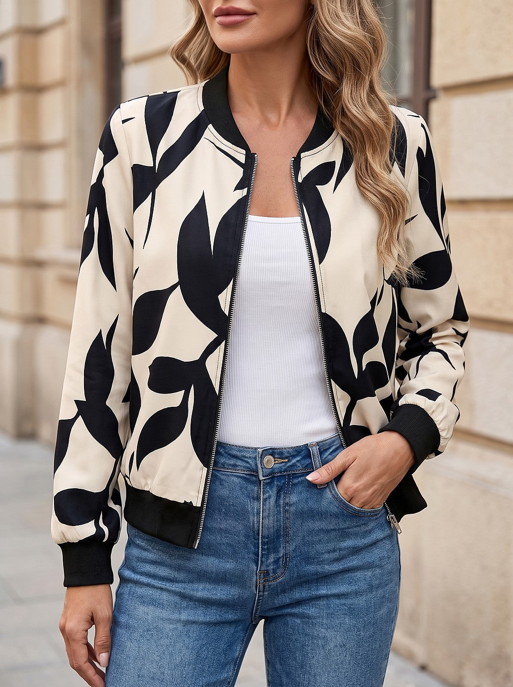 Women's Printed Satin Bomber with Rib Cuffs