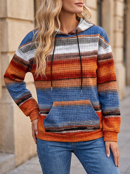 Women's Striped Waffle Drawstring Hoodie