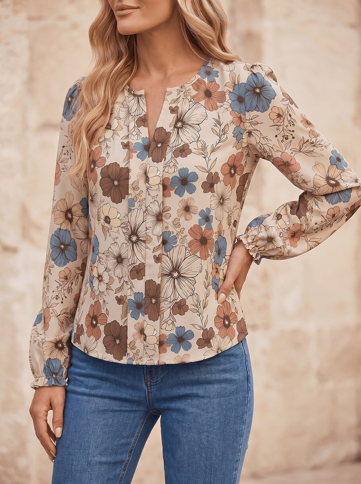 Women's Floral Print Pleated Long Sleeve Top