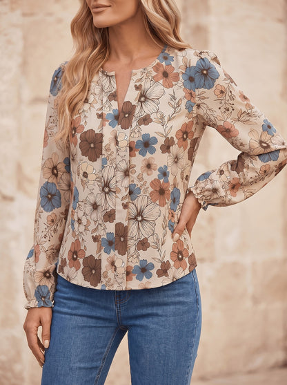 Women's Floral Print Pleated Long Sleeve Top