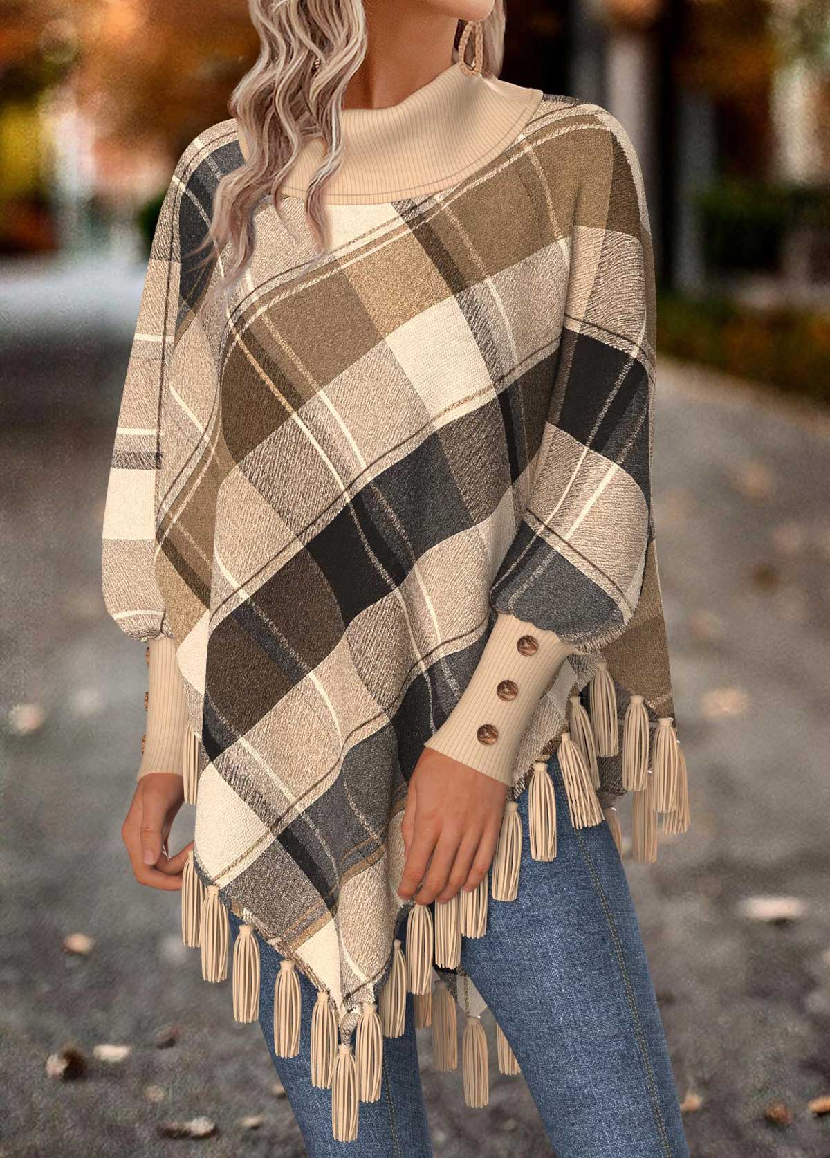 Ladies Winter Check Fringed Poncho Wrap