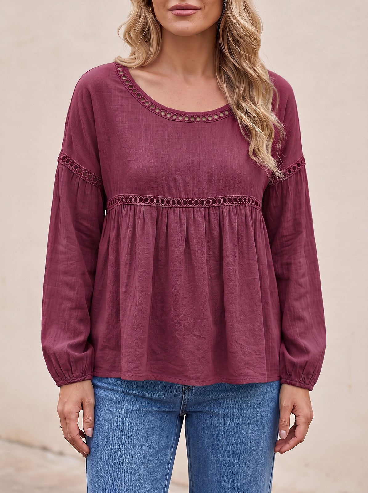 Women's Loose Hollow Lace Long Sleeve Top
