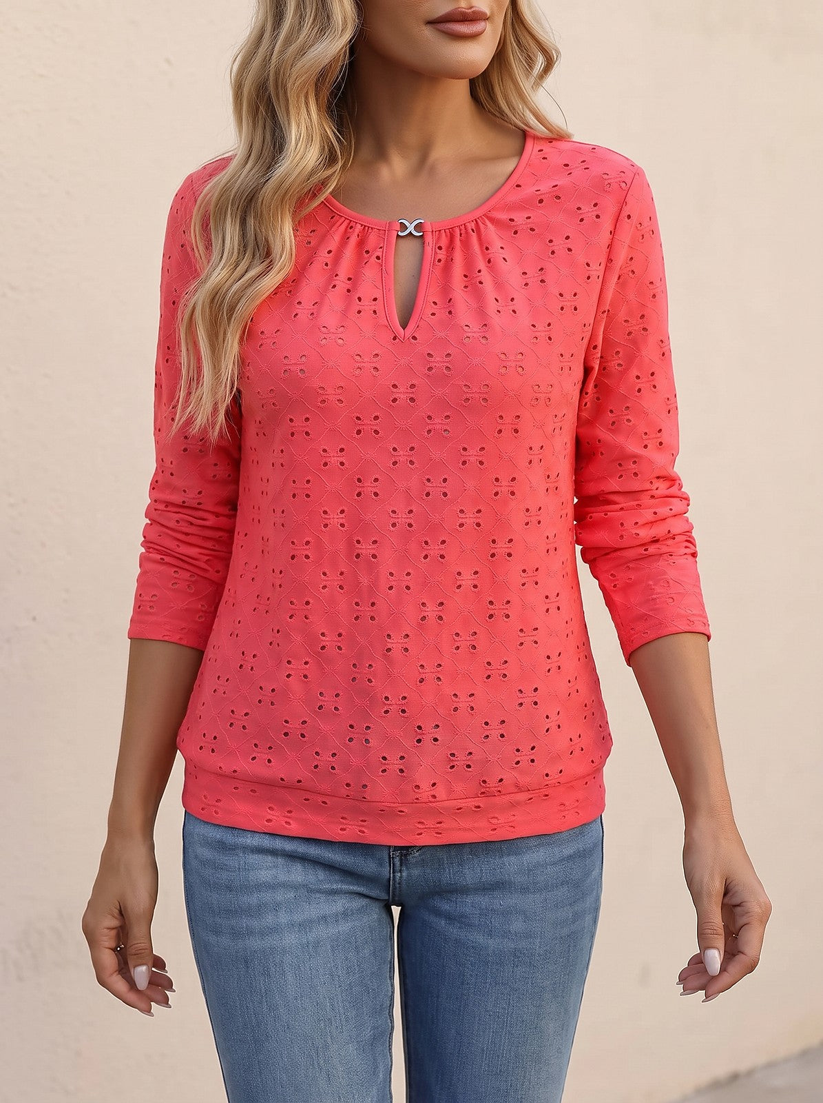 Women's Embroidered Knit Round Neck Blouse
