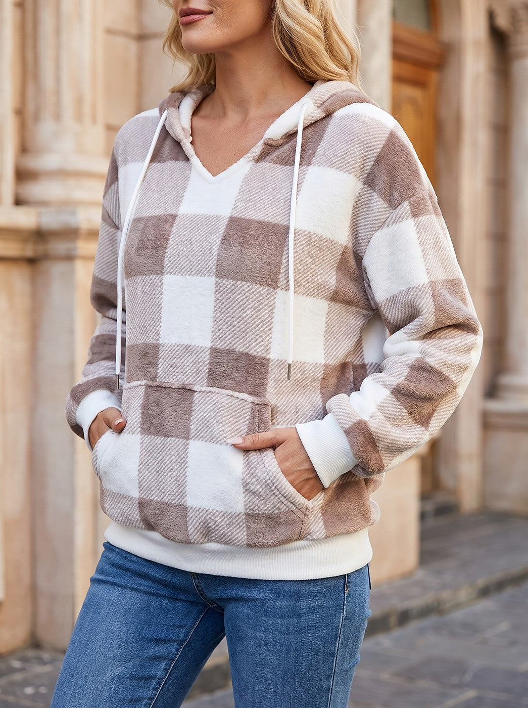 Women's Checked Sherpa Hoodie with Pouch Pocket