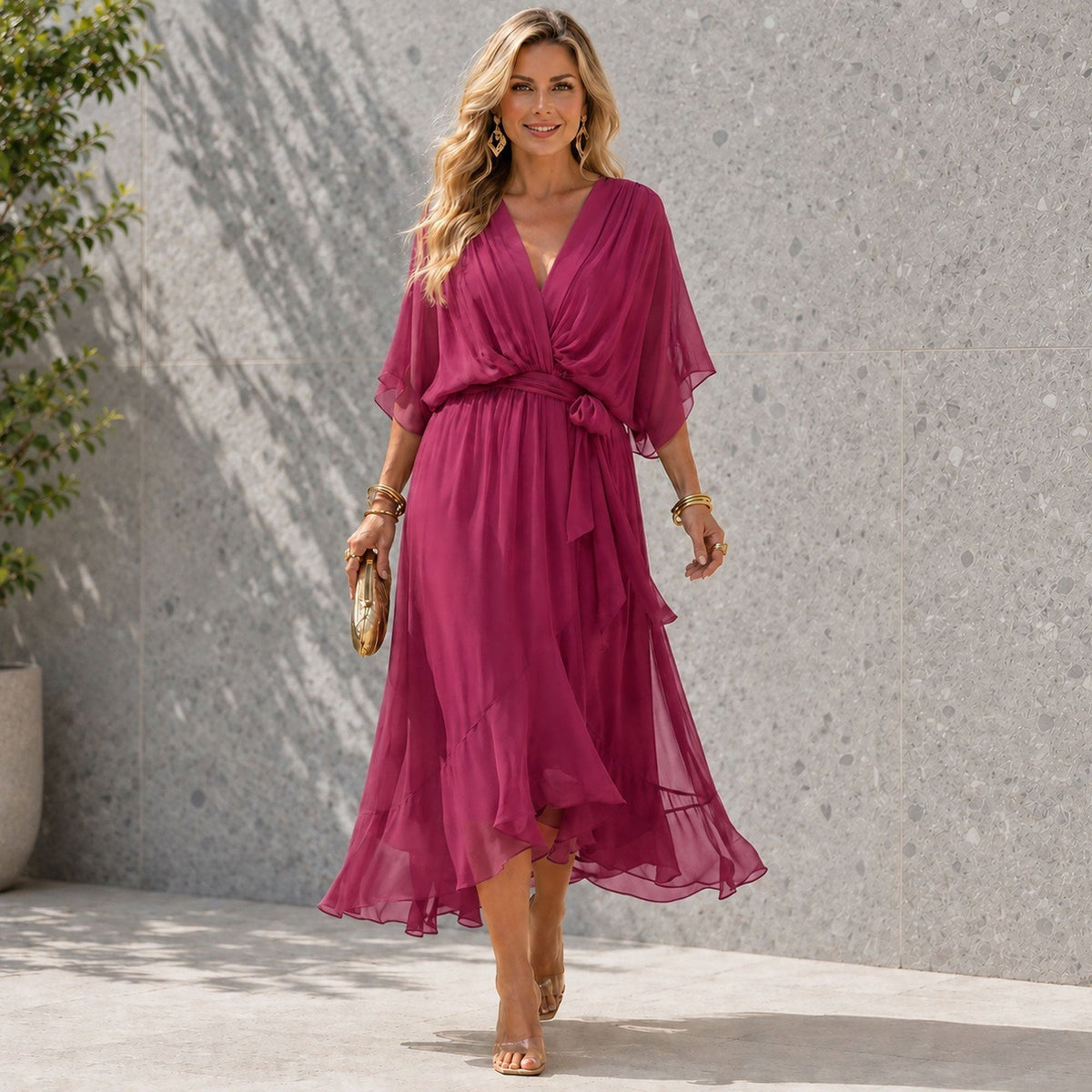 Women's V Neck Layered Wedding Guest Dress