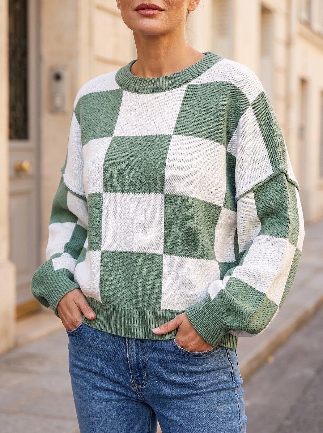 Women's Cosy Check Drop Shoulder Knit Jumper