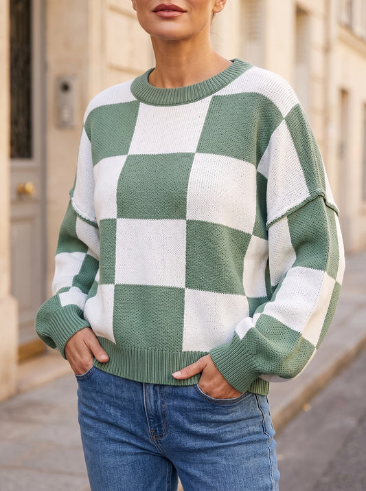 Women's Cosy Check Drop Shoulder Knit Jumper