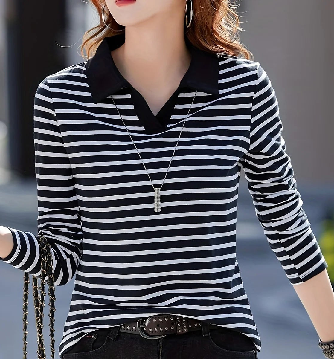 Women's Long Sleeve Striped Polo Shirt