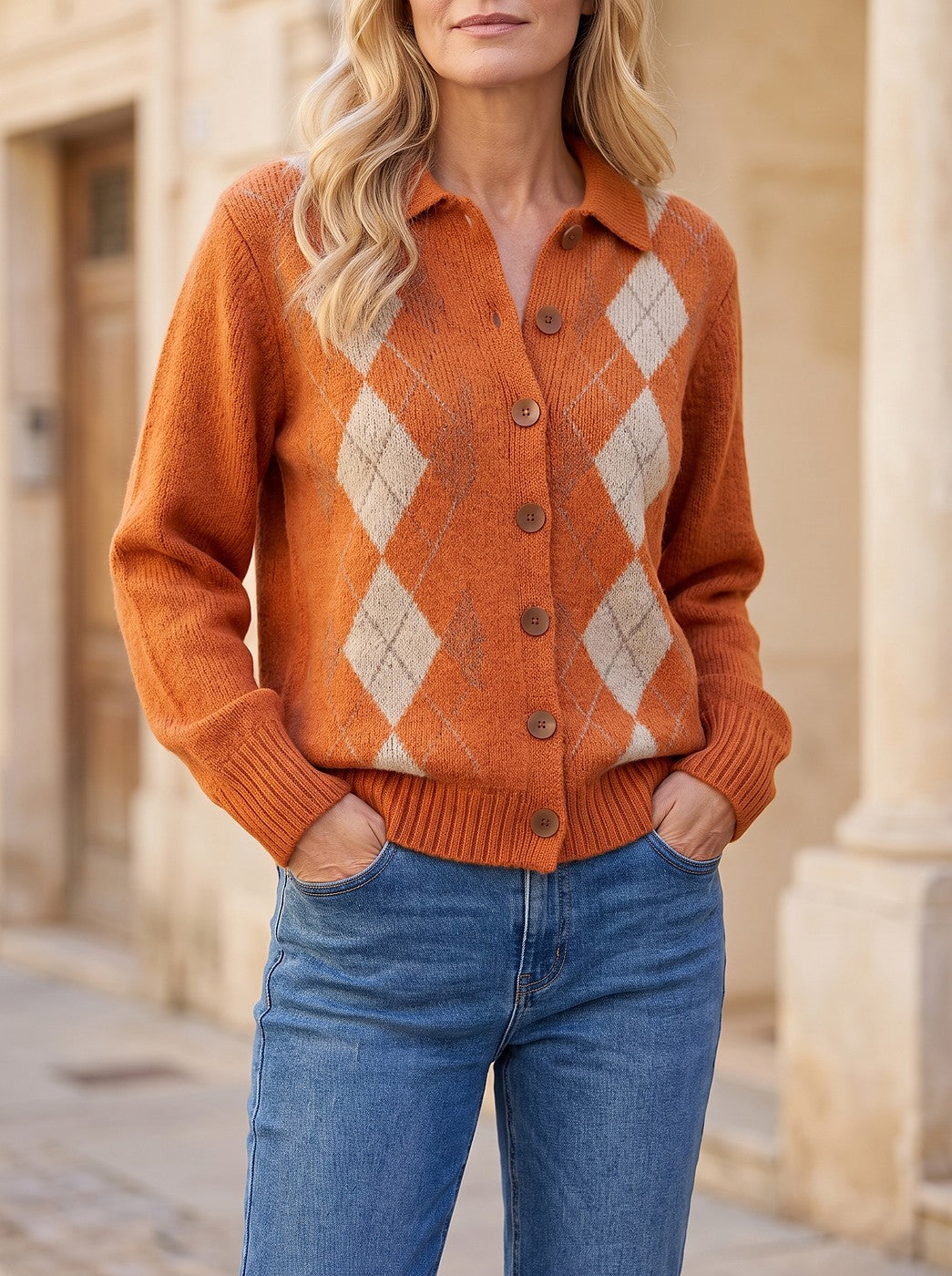 Women's Argyle Trim Collared Cosy Cardigan