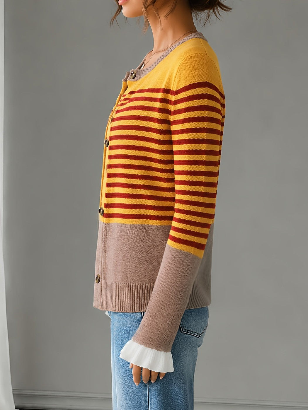Women's Frill Cuff Stripe Knit Cardigan
