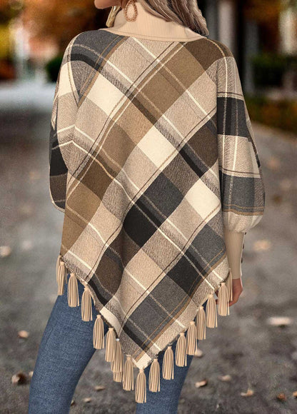 Ladies Winter Check Fringed Poncho Wrap