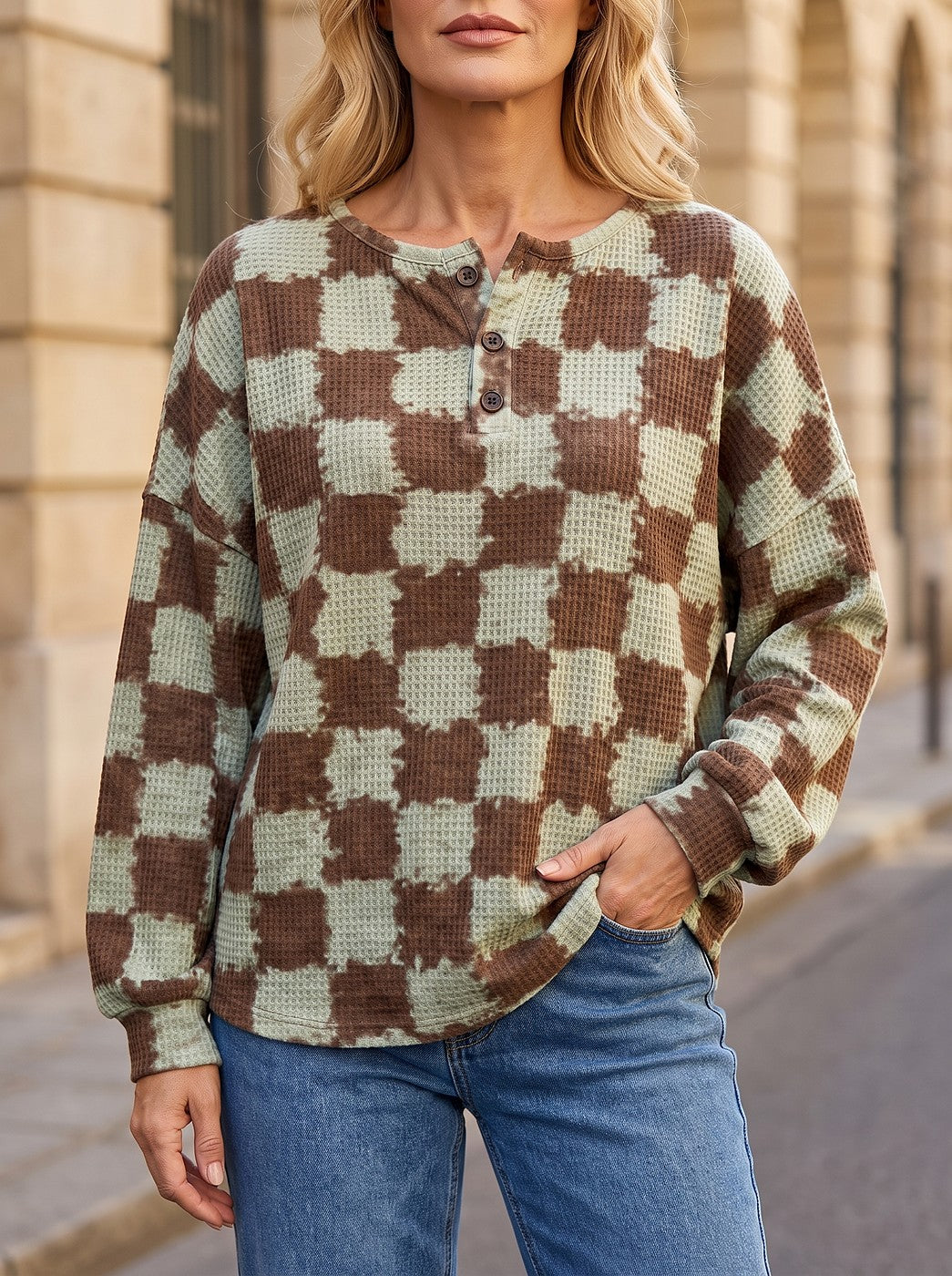 Women's Checked Waffle Button Placket Top