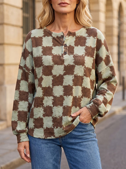 Women's Checked Waffle Button Placket Top